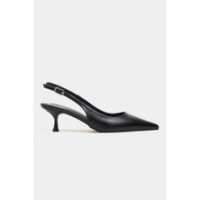 Nişantaşı Shoes Megy Siyah Mat Arka Açık Toka Detay Sivri Burun Kadın Topuklu Ayakkabı