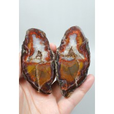 Healcrystal Scarlet Kırmızı ve Bal Sarısı Şeritli Siyah Deniz Akik Çifti, Parıldayan Druzy Kuvars Jeot ile