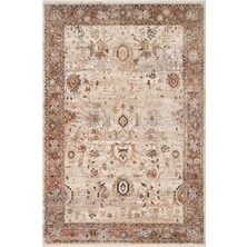 Cool Halı Panama Krem Vintage Halı Kahve Rengi Eskitme Etnik Desenli Klasik Büyük Salon Oturma Odası Halısı