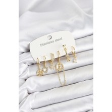 Kuhi Mey Ithalat® 316L Çelik Gold Renk Zirkon Taşlı Zincir Detaylı Kadın Küpe Seti