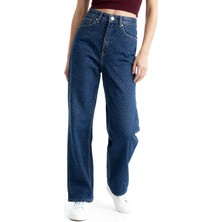 Hakke Yüksek Bel Taş Detaylı Straight Jean Pantolon