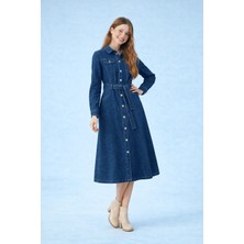 Hakke Kadın Denim Kuşaklı Gömlek Elbise