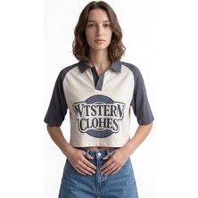 Hakke Kadın Crop Polo Yaka Baskılı T-Shirt