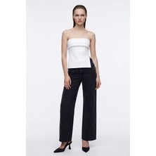 Hakke Yüksek Bel Taş Detaylı Straight Jean Pantolon