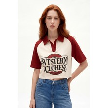 Hakke Kadın Crop Polo Yaka Baskılı T-Shirt