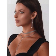 Mupte Jewelry Kadın Pırlanta Zirkon Taşlı Su Yolu Kolye ve Küpe Seti
