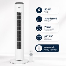 Kumtel Beyaz Kule Tipi Vantilatör, 50 W, Uzaktan Kumandalı, 3 Hızlı, 7 Saat Zamanlayıcılı, Salınımlı Sessiz Kullanım KTF-360
