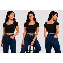 İngegno Kare Yaka Kısa Kol Crop Model Viskon Ring Örme Kumaş Kadın Body