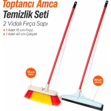 Toptancı Amca Temizlik Seti 2 Vidalı Fırça Sapı Banyo Çekeceği Araçta Yıkayan Fırça  + 15 cm Sert Temizlik Fırçası + 40 cm Yer Çekçeği