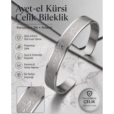Güney Takı Store Ayetel Kürsi Çelik Kelepçe Bileklik Gümüş Renk