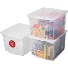 Iris Ohyama Çok Yönlü Saklama Kutuları, 30L, 3'lü Set, Şeffaf, Kolay Mandal, Istiflenebilir, Şeffaf