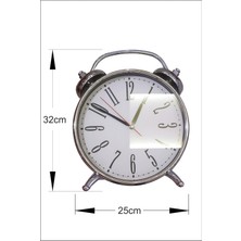 M3 Decorium Büyük 32 cm Çalar Saat Görünümlü Sessiz Metal Masa Saati Gümüş Renk Çerçeveli Camlı Ayakta Durabilen Nostaljik Dekoratif Duvar Saati