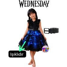 3b Kids Wednesday Işıklı Elbise Kostüm Wednesday El kemer  Set