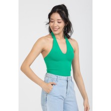 Paradice Kadın Askılı Beli Açık Crop Bluz Yeşil