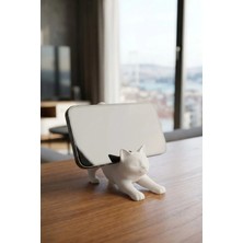 Minimal Masaüstü Beyaz 10X10 cm | Kedi Form Telefon Tutucu Stand Şık Dekoratif Minimal Tasarım