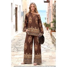 Veraura Lifestyle Kahverengi Otantik Desenli Pantolon Bluz Takım