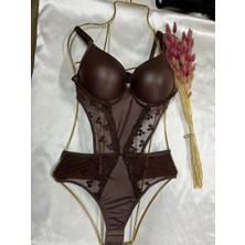 Nivene TRANSPARAN KAHVE DERİ  DANTELLİ DOLGULU BODY SUİT