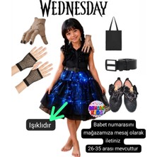 3b Kids Işıklı Wednesday Kostüm Elbise+Wednesday Babet + Çanta +Kemer+ Eldiven+El Parti Doğum Günü Seti