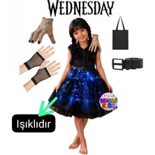 3b Kids Işıklı Wednesday Kostüm Elbise + Çanta +El + Eldiven +Kemer Parti Doğum Günü Seti