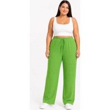 Efnaz Style Battal Beden Bürümcük Kumaş Beli Lastikli Bağcıklı Bol Paça Palazzo Pantolon - Yeşil