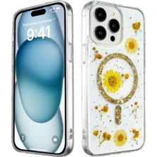 Kuhi Mey Ithalat®  iPhone 14 Pro Max Kılıf Daisy Simli Magsafe Kapak - Gold