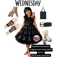 Bemora Kids Wednesday Kostüm Elbise + El +Kemer+Çanta +Eldiven+Wednesday Topuklu Ayakkabı Seti