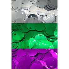 Hobi Dünyası Evim 3'lü Set 10'ar Gram 30MM Süsleme Pulu, Çanta Pulu, Payet Pul, Supla Pulu, Mendil Pulu, Oya Pulu Mor Pul Gümüş Pul Yeşil Pul