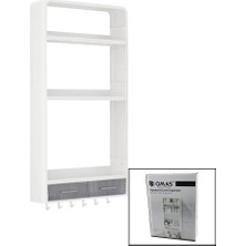 AyrStore Beyaz Yapışkanlı Duvar Organizeri Plastik 3 RAF=14CM-19CM-30CM - 2 ÇEKMECE=40CM - 6 Askı 19 Par