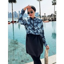 OYS Tesettür Mayo 3 Parça Desenli Paraşüt Kumaş Fermuarlı Tam Kapalı Deniz ve Havuz Mayosu Siyah