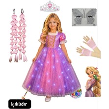 3b Kids Işıklı Rapunzel Kostüm Elbise Pembe Rapunzel Bubble Saç Taç Eldiven yüz taşı Set Doğum Günü Parti