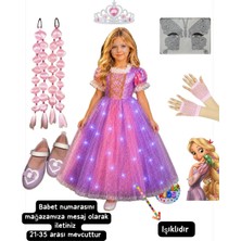 3b Kids Işıklı Rapunzel Kostüm Elbise Pembe Rapunzel Bubble Saç Taç Eldiven yüz taşı Mor Babet Set Doğum Günü Parti
