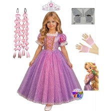 3b Kids Rapunzel Kostüm Elbise Rapunzel Pembe Bubble Saç Taç Eldiven yüz taşı