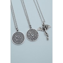 Alooya 3'lü Ejderha Kılıç Viking Pusula Tılsım Gümüş Kaplama Kolye Seti