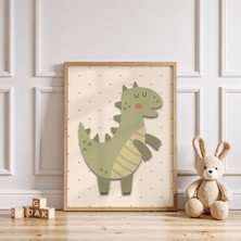 Luxor Pixels (Çerçevesiz) Puantiye Arka Planlı Sevimli Dinozor Çocuk Odası Poster