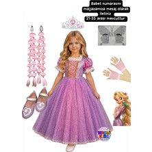 3b Kids Rapunzel Kostüm Elbise Rapunzel Pembe Bubble Saç-Taç-Eldiven - yüz taşı -Mor Babet Set Doğum Günü Parti