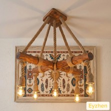 Eyzhen Rustik Ahşap Halat Detaylı 5’li Sarkıt Avize Bohem Loft Dekoratif Aydınlatma Salon Mutfak Kafe