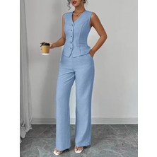 Trend Cojans Kadın Askılı Önden Düğmeli Bluz ve Pantolon Keten Ikili Takım