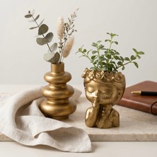 Natura Home Decor Gold Dekoratif Vazo ve Kız Figürlü Saksı Seti 2 Parça