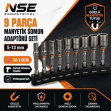 NSE 9 Parça Manyetik Somun Adaptörü Seti 5-13 mm CR-V Çelik Lokma Uç Takımı | Matkap ve Şarjlı Vidalama Somun Sıkma Adaptörü | Altıgen Manyetik Somun Lokması