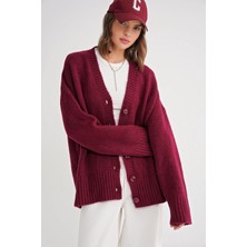 Mixray 6927 Kadın Salaş Basic Triko Hırka Bordo Yumuşak Dokulu Düz Desen Orta Kalınlık