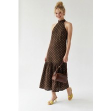 Mixray 4927 Kadın Puantiye Desenli Halter Yaka Maxi Elbise Kahve