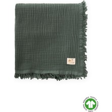 Cigit Dört Kat Püsküllü Organic Müslin Battaniye 80X120 Cm Haki Yeşili