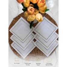 Kare Beyaz Gold Nakışlı Linen Keten Kokteyl Peçete 6’lı - Kahve Yanı Sunum Peçetesi - 13X13CM