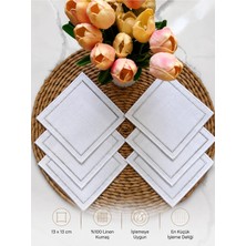 Kare Beyaz Gümüş Nakışlı Linen Keten Kokteyl Peçete 6’lı - Kahve Yanı Sunum Peçetesi 13X13CM