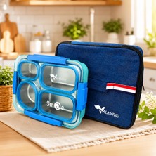Valkyrie 304 Paslanmaz Çelik 4 Bölmeli Mavi Lunch Box Termal Çantalı – Sızdırmaz Beslenme Kabı, Çatal Kaşık Dahil