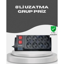 Herşey Trend Akım Korumalı 8’li Priz 3 Usb’li Uzatma Kablosu Isıya Dayanıklı 2 Metre