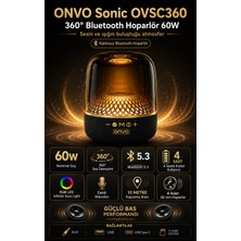 Onvo Yeni Sonic 360° Bluetooth 5.3 Hoparlör 60W, Rgb LED Işıklı, Dahili Mikrofonlu, Güçlü Bas, USB Type-C/aux/tf Kart Destekli Taşınabilir Ses Sistemi