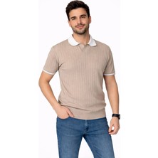 Karel Butik Erkek Vizon Regular Fit Ince Dokulu Kısa Kollu Kol Detaylı Polo Yaka Tişört
