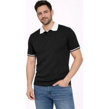 Karel Butik Erkek Siyah Regular Fit Ince Dokulu Kısa Kollu Kol Detaylı Polo Yaka Tişört