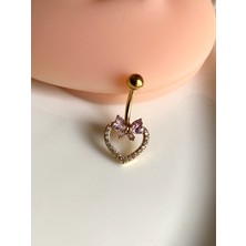 Kurukafa Gift Çelik Göbek Piercing Kalp Pembe Fiyonk Zirkon Taşlı